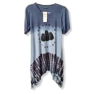 Women Kathmandu Gray Ombre Kitty Cat Tunic Top M Artsy Boho Whimsy Grunge NEW